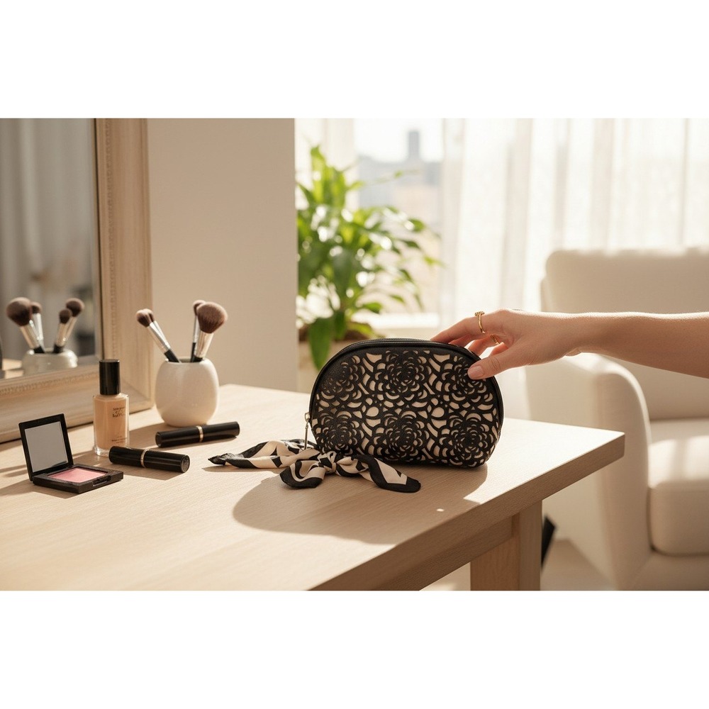 Enchante Accessories Cosmetic Bag Women OS Black Brand New Laser Cut Floral